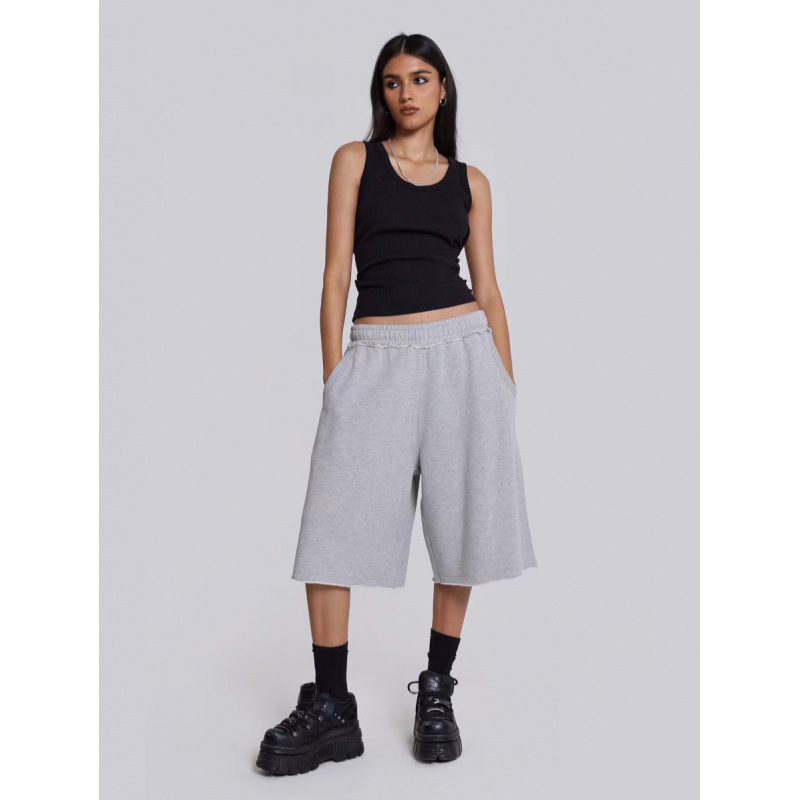 European and American Cross-Border American Retro Personality Street Fashion Raw Edge Gray Loose Casual Cropped Pants Couple Summer