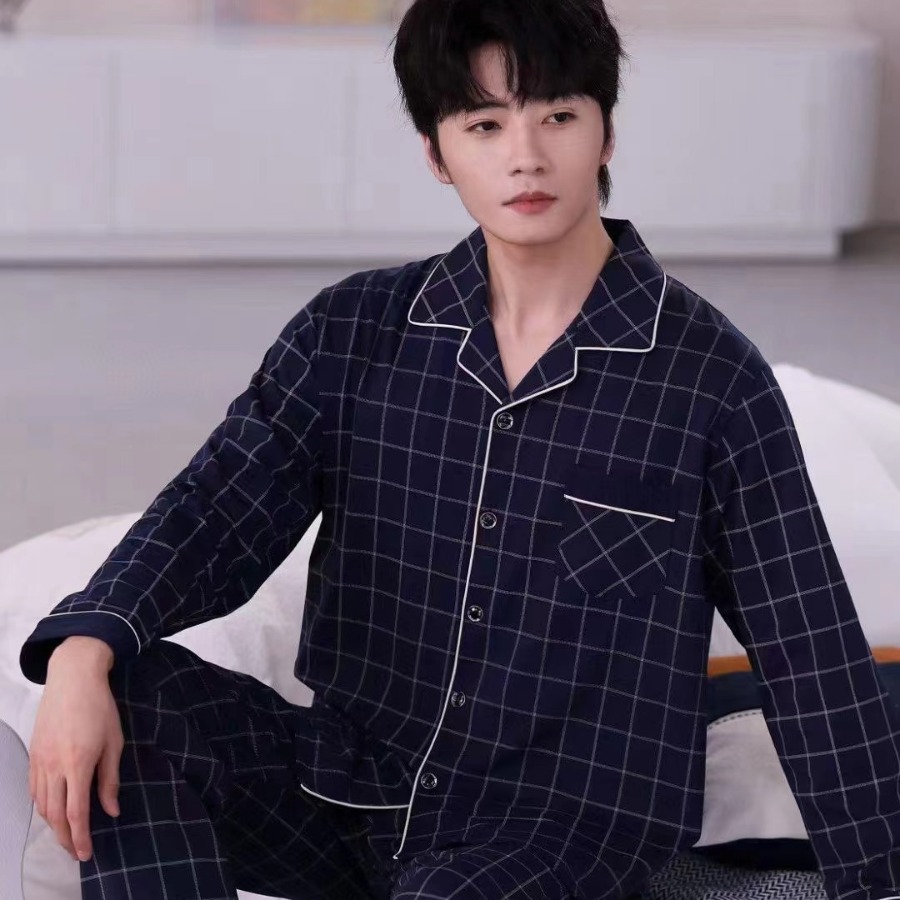 Xinyoumeng Autumn 2024 New Men's Pajamas Long Sleeve Trousers Cotton Men's Cardigan Long Home Clothes 6561