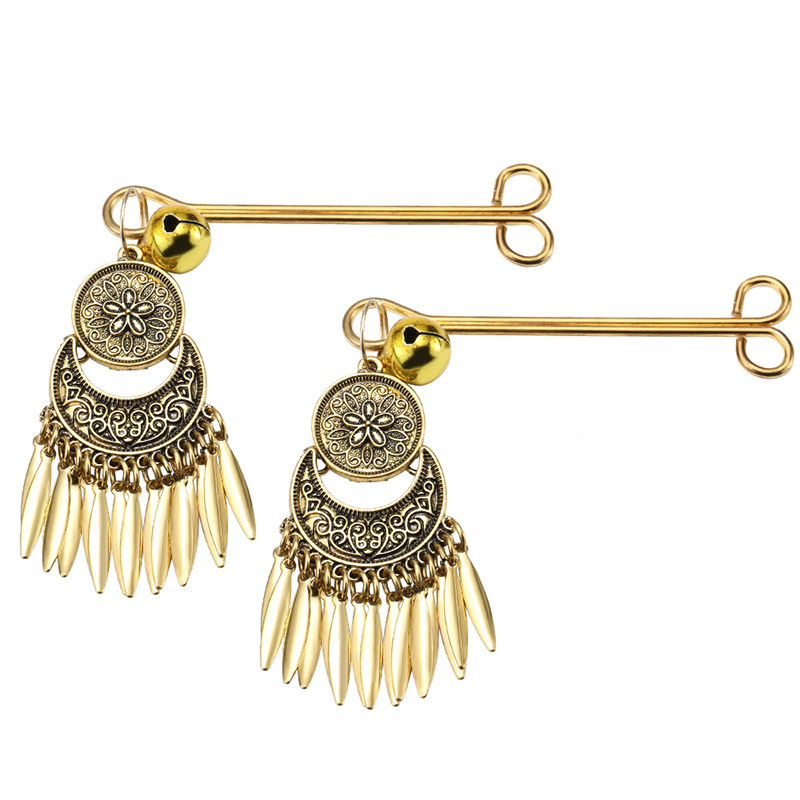 Vintage Metal Nipple Clamps with Feather Tassels, Bohemian Style Pair — detail image 4