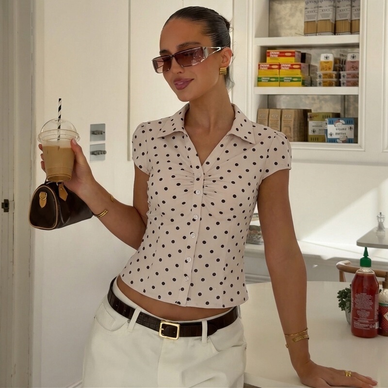 Amazon Women's Clothing 2026 Summer New Fashion Polka Dot Cardigan Button Lapel Short Sleeve Top Women's Foreign Trade Wholesale Amazon Women's Clothing 2026 Summer New Fashion Polka Dot Cardigan Button Lapel Short Sleeve Top Women's Foreign Trade Wholesale