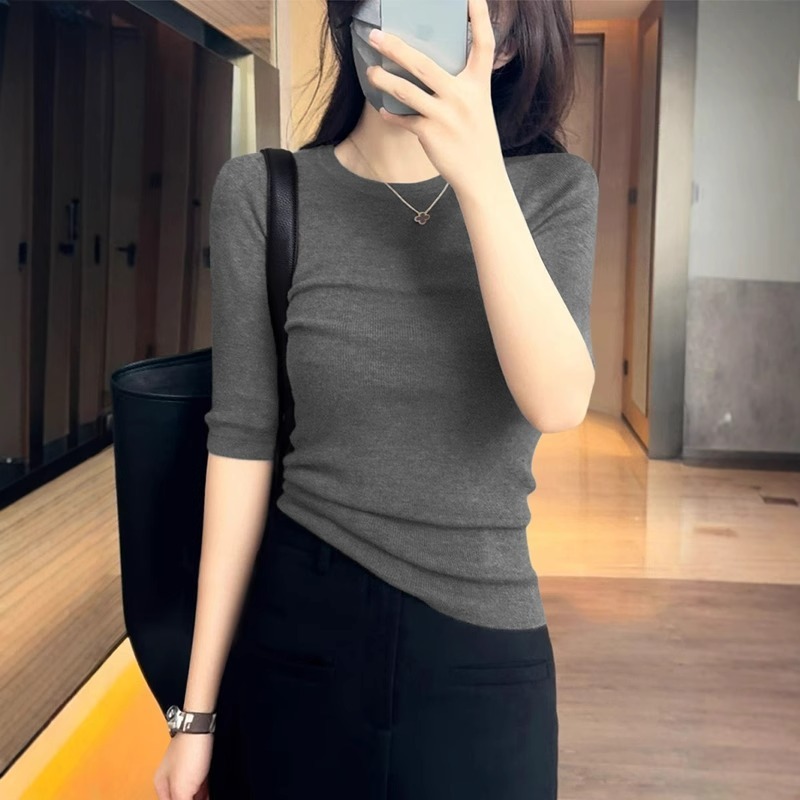 日常简约圆领短袖上衣女装夏季新款时尚修身五分袖气质针织打底衫|undefined
