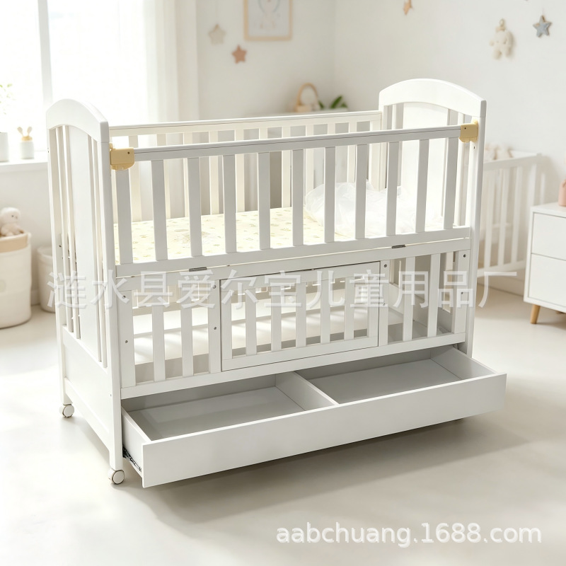 In-stock solid wood multifunctional newborn baby crib with drawers for storage, detachable and movable, suitable for cross-border sales