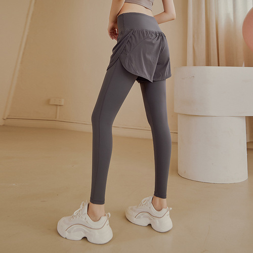 Fake two-piece yoga pants for women, high-waisted butt-lifting, tummy-tightening running pants, stretch tight sports pants, fitness pants, trousers for spring and autumn