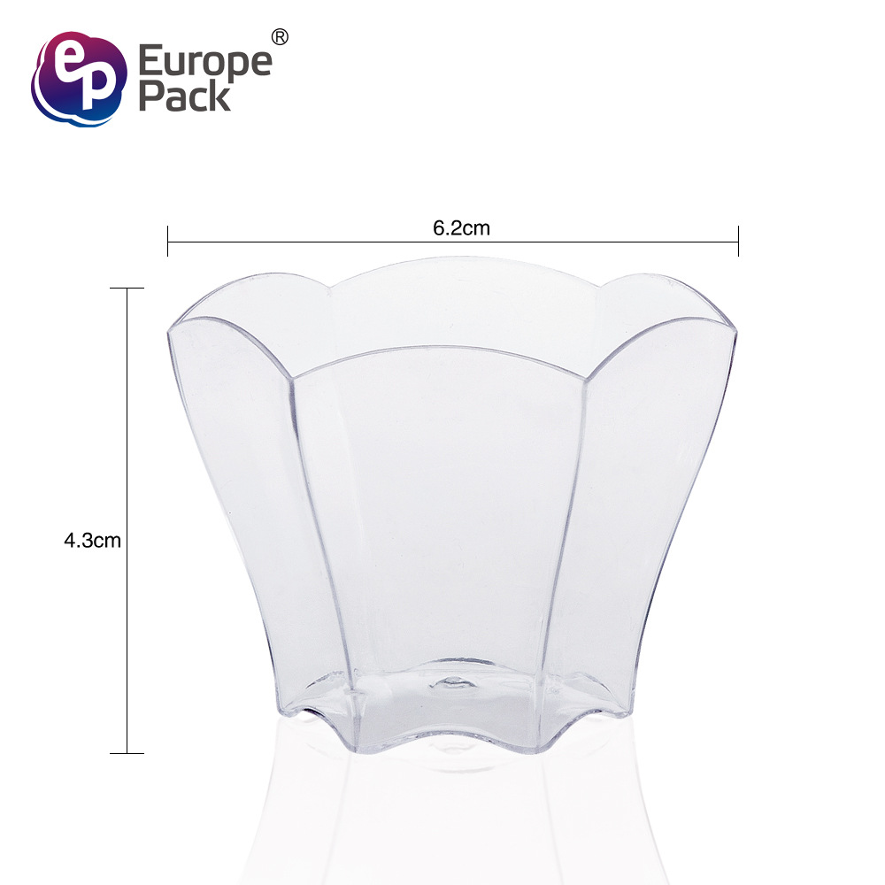 Copa de mousse desechable Taza de postre PS Taza de plástico Taza de pudín Taza redonda de punto de fábrica Taza cuadrada