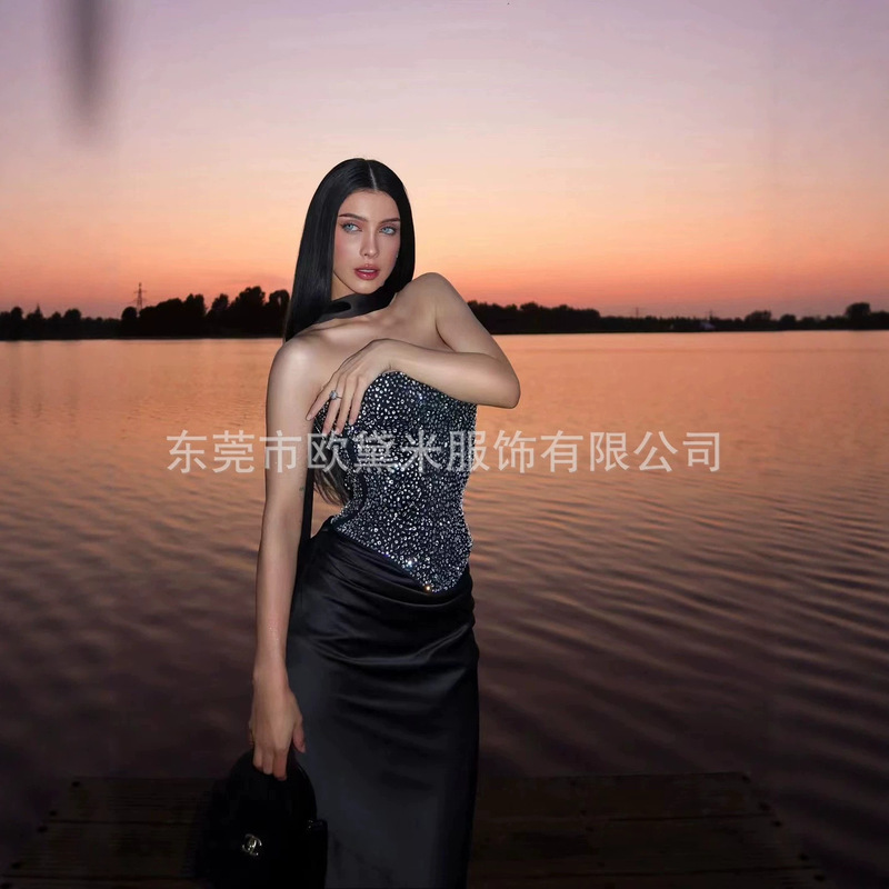 Sdm165 Cross-Border Supply Hot-Selling Rhinestone Embellished Sexy Strappy Tube Top Tight-Fitting Long Satin Skirt Sdm165 Cross-Border Supply Hot-Selling Rhinestone Embellished Sexy Strappy Tube Top Tight-Fitting Long Satin Skirt