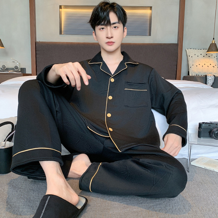 Pijama de algodón de aire para hombres primavera y otoño invierno intercalado de manga larga de algodón para jóvenes engrosados Cardigan conjunto de ropa para el hogar