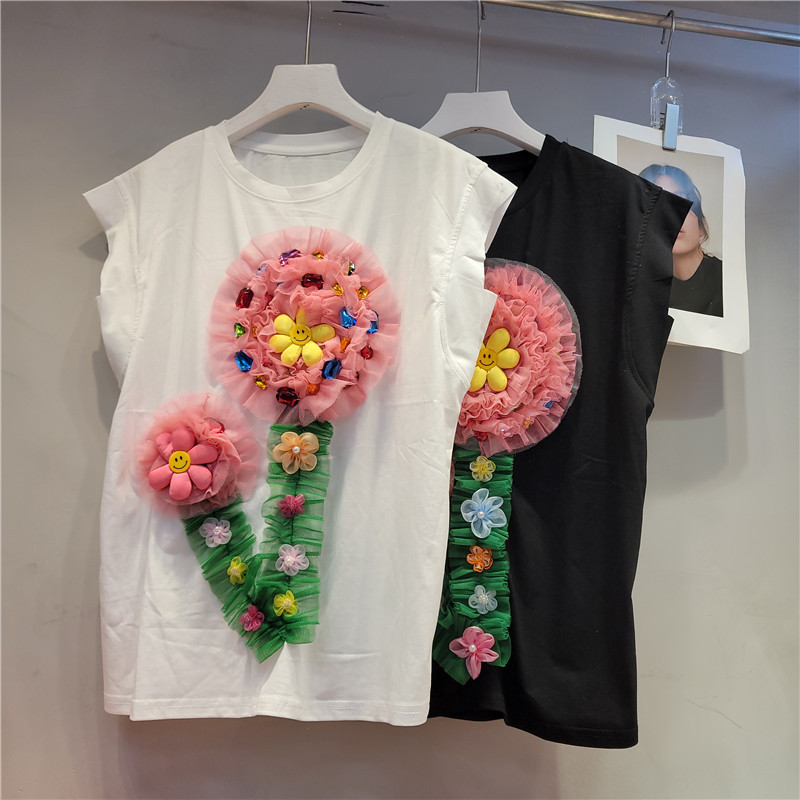 Tailandia marca de moda 2023 verano nueva moda industria pesada cuentas tridimensional malla flor superior suelta Camiseta de manga corta de las mujeres