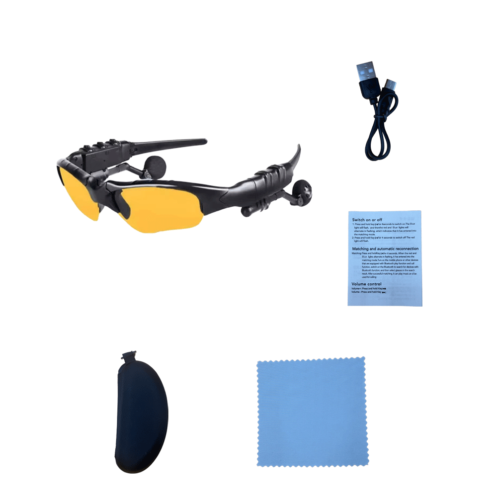 Montura negra con lentes amarillos (incluye funda de cuero, paño para gafas, manual, cordón).