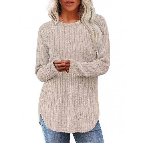 Independent station, Europe and America autumn and winter new style, sanding pit strip, round collar, curved hem, pure color, long sleeves