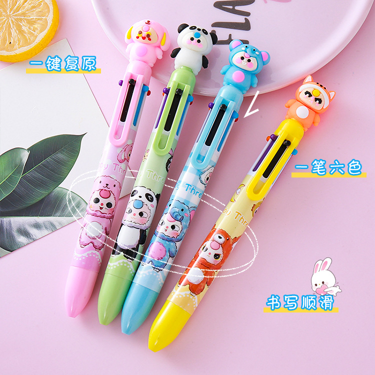 Dibujos animados de alto valor Bolígrafo de 6 colores Papelería creativa Bolígrafo de mano de color para estudiantes Pintura de graffiti Bolígrafo de marcado aceitoso