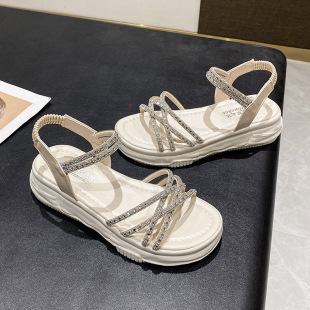 Fairy Style Platform Casual Sandals Women's 2025 Summer New Flat Cross Strap Rhinestone Korean Style Beach Sandals