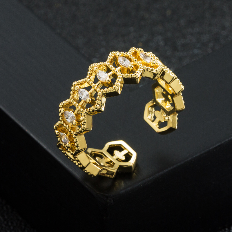 Mode Neue Kupfer 18K Gold Zirkon Hohl Geometrische Offenen Ringpicture4