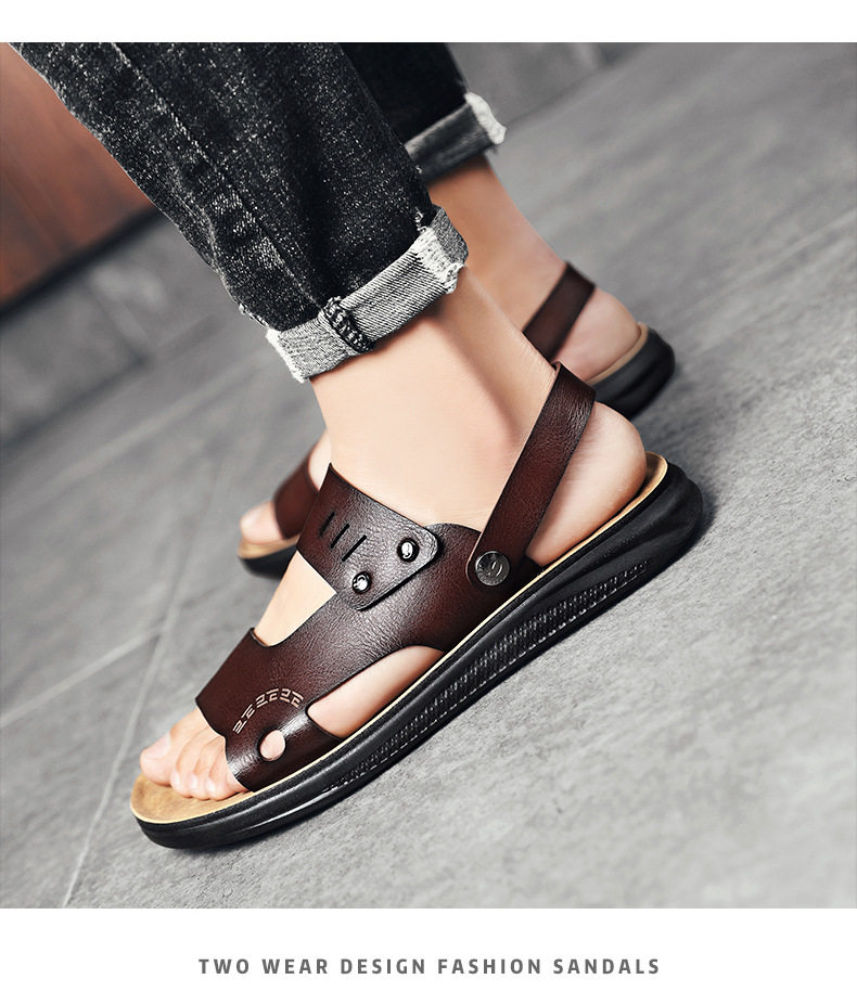 Dép sandal nam hở ngón quai ngang chất liệu da PU chống trơn trượt, size lớn đi ngoài trời và đi biển — Màu nâu, Màu đen chi tiết 14