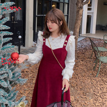 k2209大码新年时尚休闲套装吊带裙+蕾丝打底衫红色连衣裙两件套