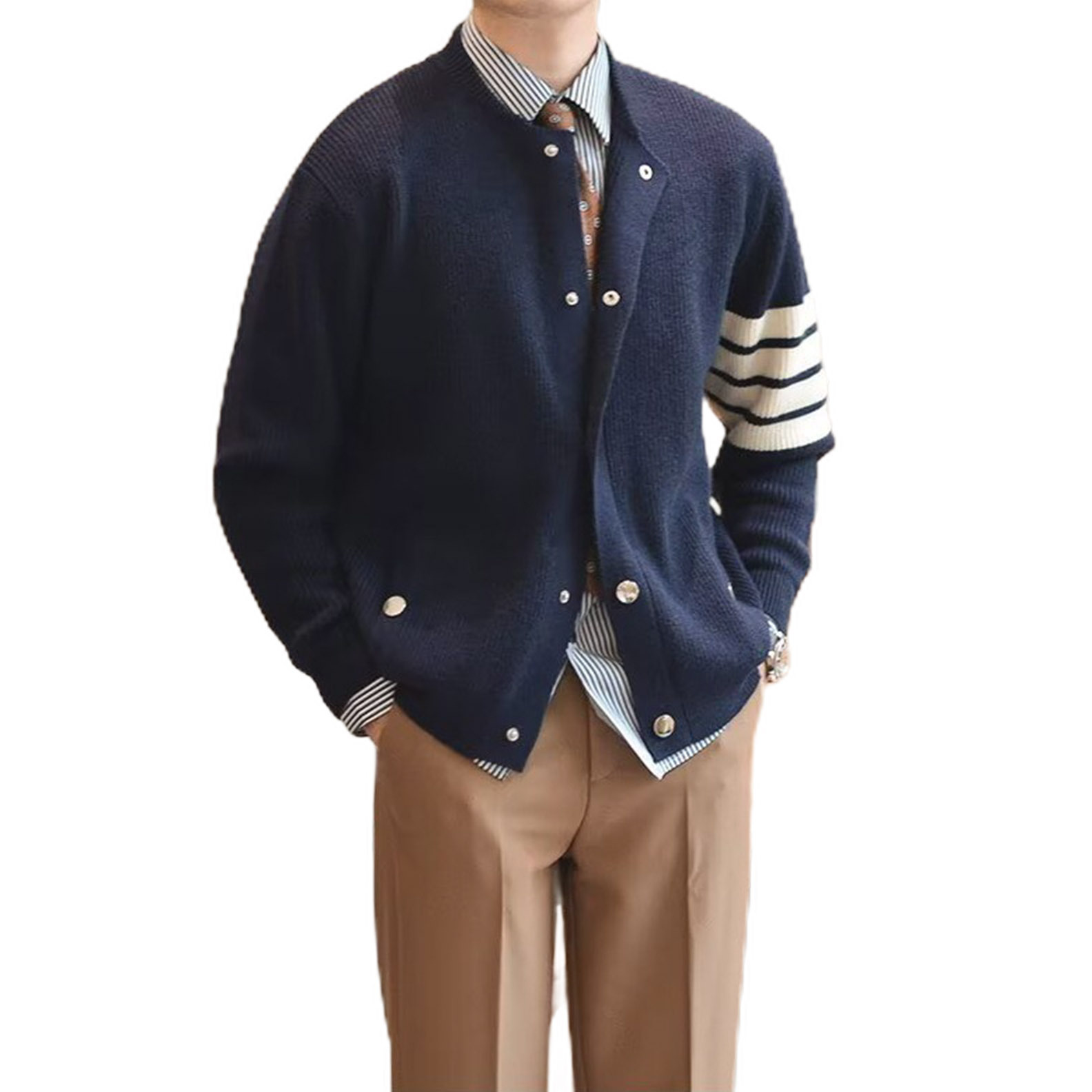 Explosiones transfronterizas de tamaño europeo de tres barras jersey de punto suéter cardigan chaqueta de negocios otoño invierno fábrica al por mayor