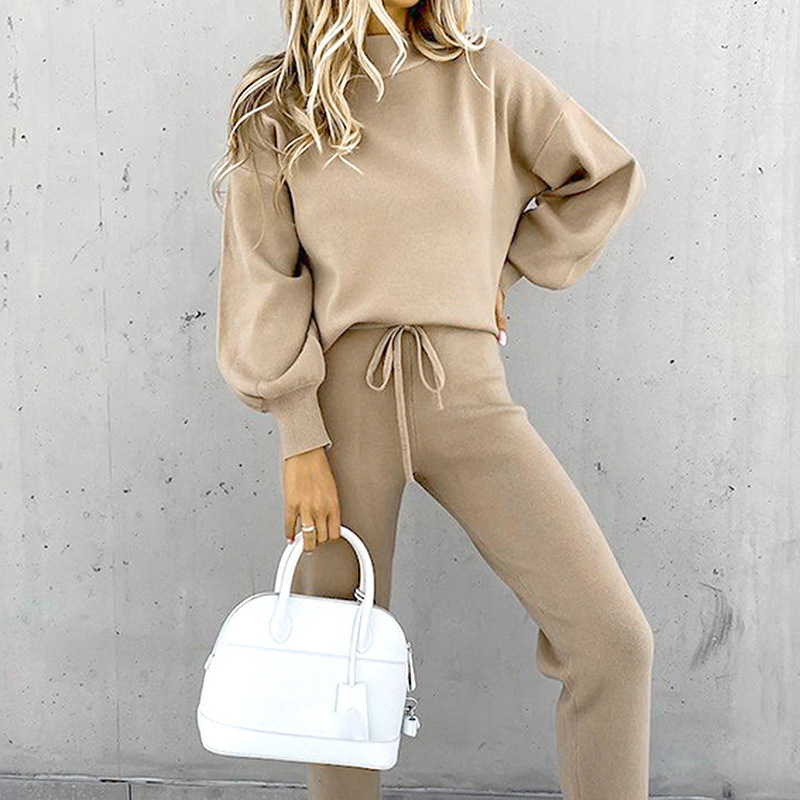 9699#2021 autumn and winter women's sweater suit Amazon AliExpress turtleneck casual solid color trousers two-piece set