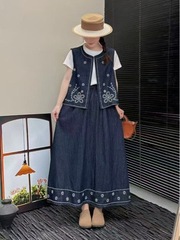 森系砂洗牛仔刺绣套装87裙长