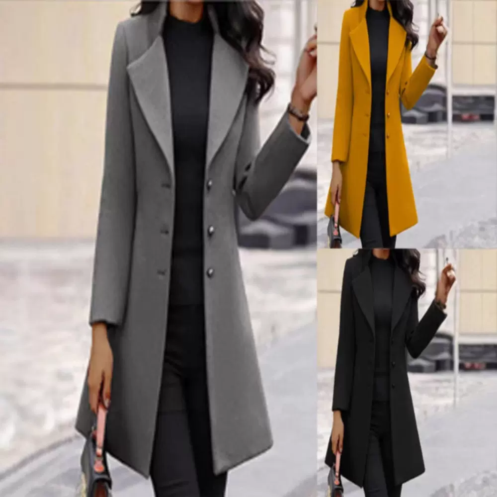 欧美跨境2025秋冬亚马逊独立站 女士中长款翻领 纯色爆款女装外套