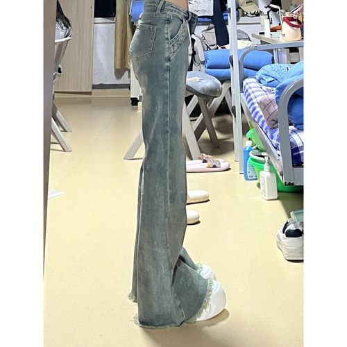 Vintage Micro-Bellbottom Jeans for Spring and Summer - High-Waisted Loose Wide Leg Slimming Frayed Straight Tube-Heeled Floor-Length Pants