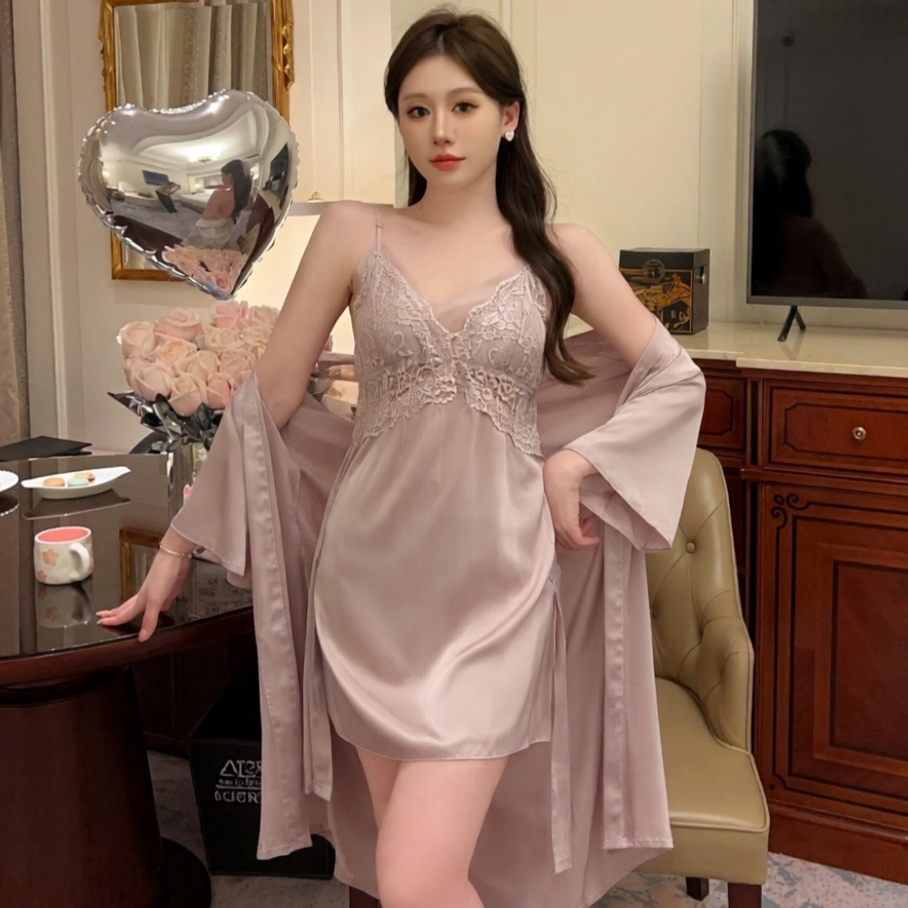 투피스 세트 (잠옷 원피스 + 가운) - 연보라색