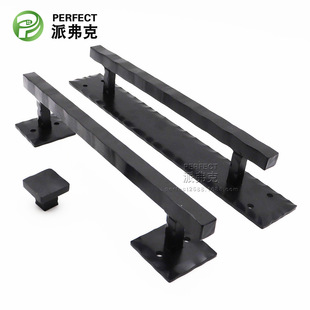 Factory custom European pure black barn door handle forged thick iron handle door hammer pattern hardware handle