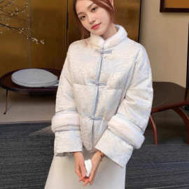 新中式水貂毛拼接提花羽绒棉服女2025冬季款国风盘扣宽松外套大码