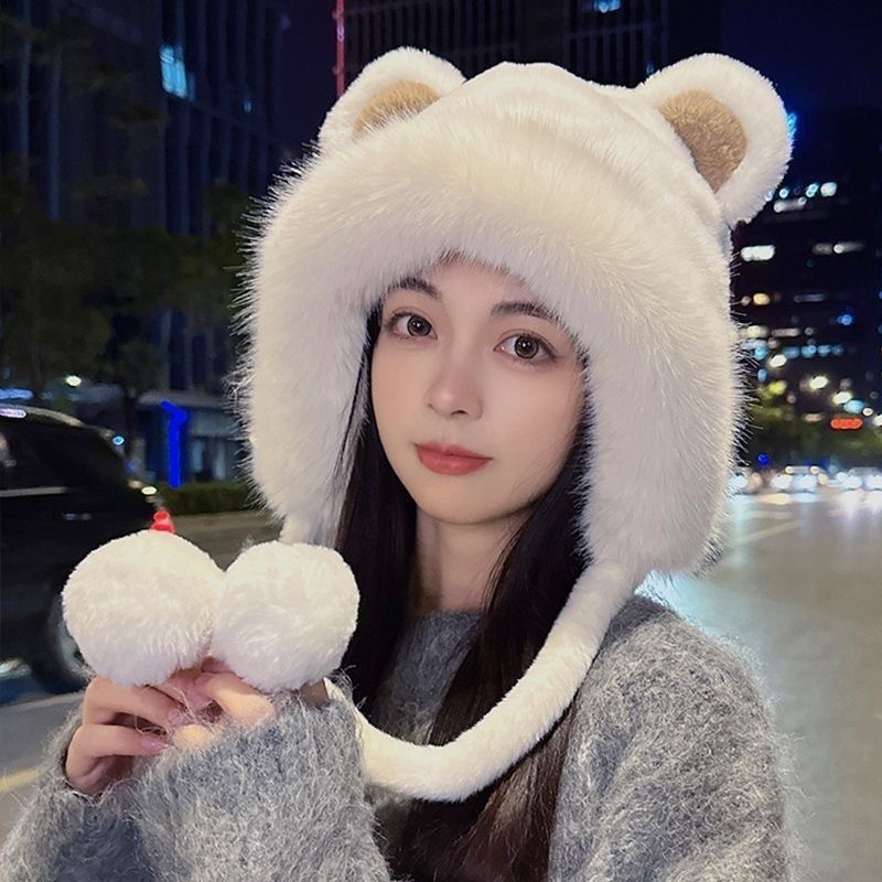 冬季毛绒帽子女可爱百搭围巾帽子一体加绒加厚保暖护耳帽骑车防寒|undefined