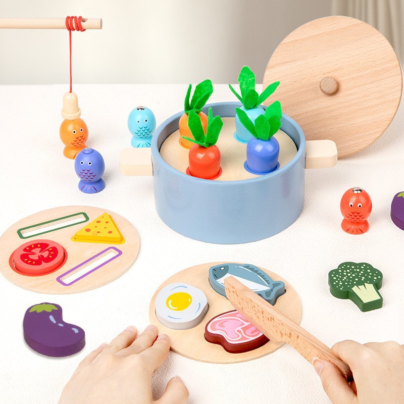 Niños de madera simulación de cocina casera cocina juego de cocina padres-hijos pescar verduras juguetes interactivos multifuncionales