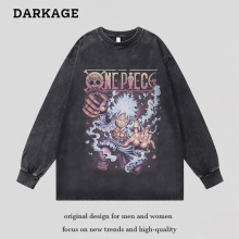 美式复古海贼王路飞水洗做旧圆领卫衣秋季潮牌宽松纯棉重磅上衣