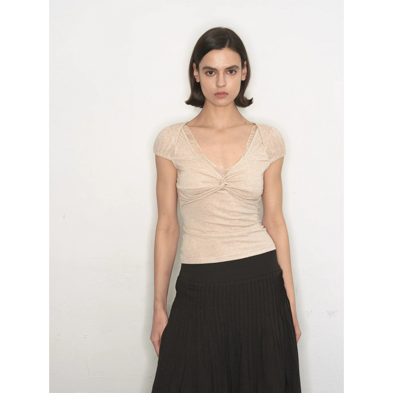 2026 Tencel Wool Top with Twisted Chest Design, Apricot Lace, and Faux Two-Piece Short-Sleeve Design