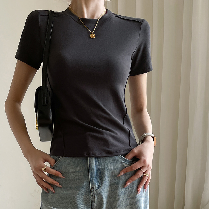 Q popular 280G modal hombro derecho espina de pescado cuello redondo Camiseta ajustada de manga corta para mujer verano 2024 top suelto