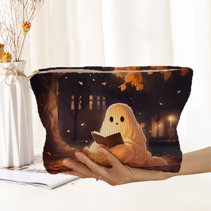 SHEINアマゾンTEMUハロウィーンカボチャ幽霊模様コーデュロイジッパー収納袋軽量化粧バッグ|undefined