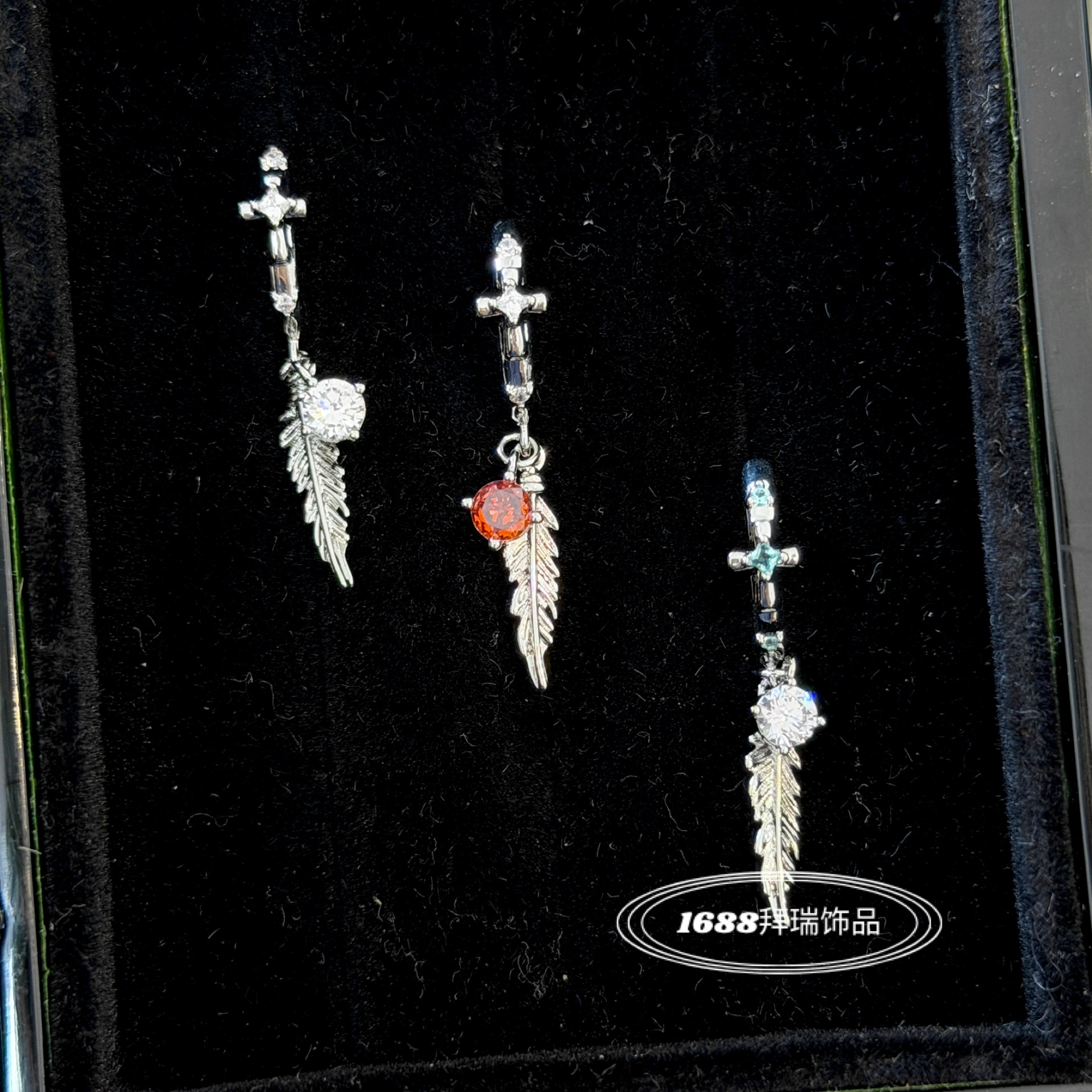 Dark-style sweet and cool unisex couple's feather cross zircon pendant straight pin earrings for women