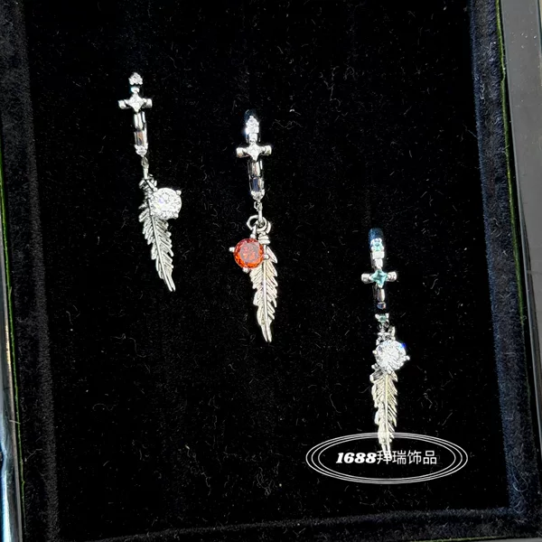Dark-style sweet and cool unisex couple's feather cross zircon pendant straight pin earrings for women
