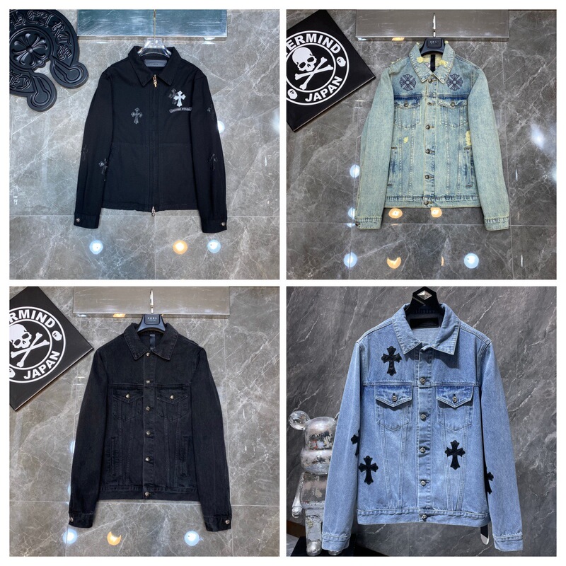 2026 New Model Ch Cro Classic Sanskrit Distressed Jacquard Heavy Embroidery Cross Patchwork Leather Denim Jacket