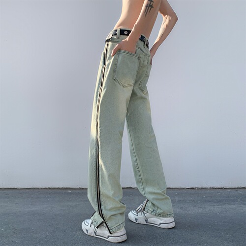 Men's Summer Thin Yellow Clay Color Zipper Design High-Waisted Wide Leg American Street Style Loose Straight Leg Pants