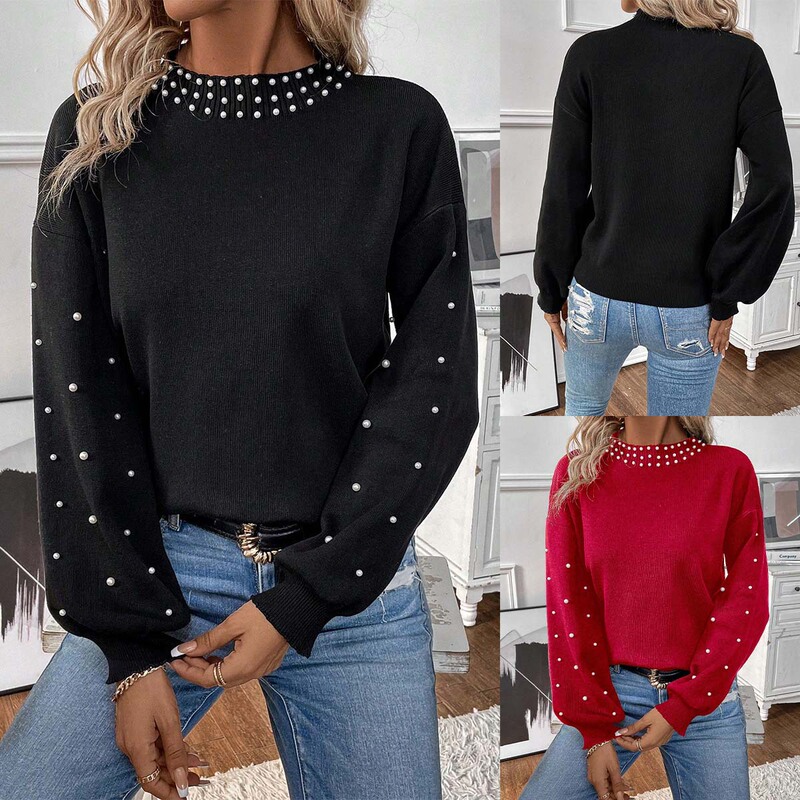 Fashion Europe and the United States cross-border foreign trade Amazon round neck jacket pearl decoration long sleeve knitted pullover