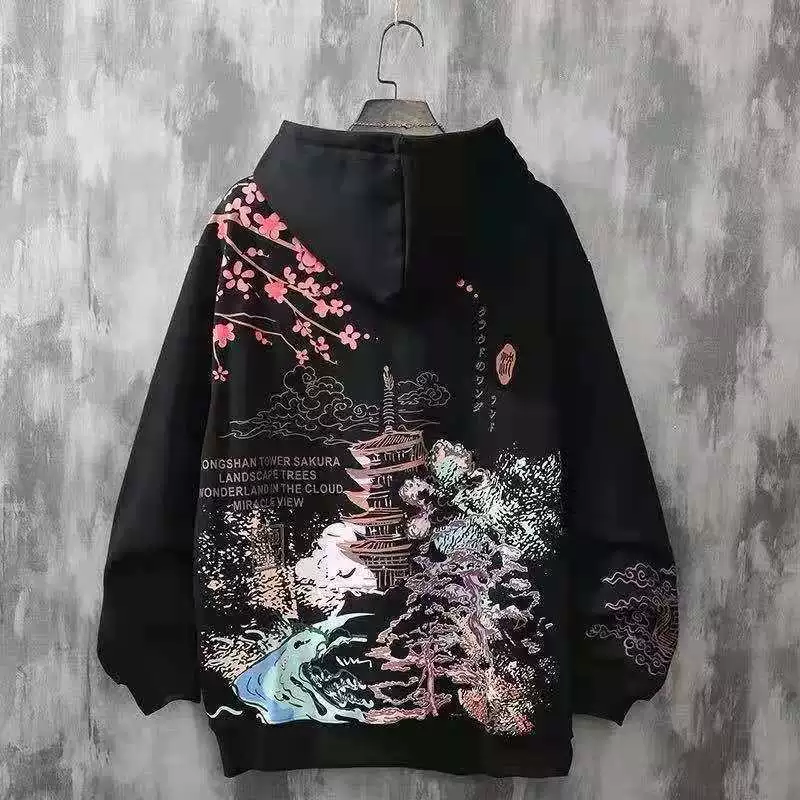 Sweatshirt Autumn Thin Hoodie, Unisex Loose Fit, Chinese-Style Sakura Print