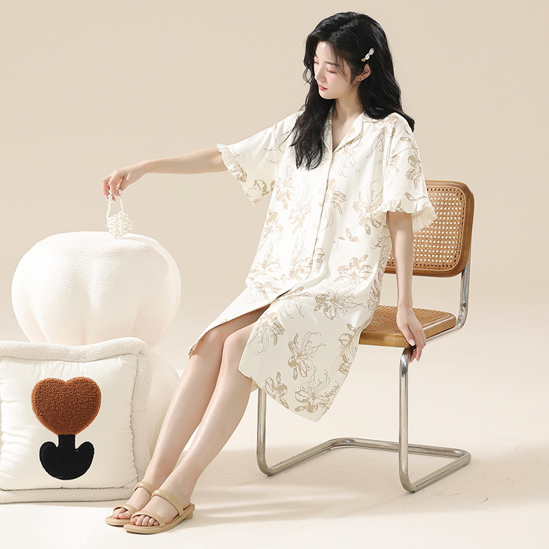 [Personalizado] 7A camisón de algodón antibacteriano verano algodón de manga corta estilo delgado primavera y verano pijamas de mujer vestido de longitud media
