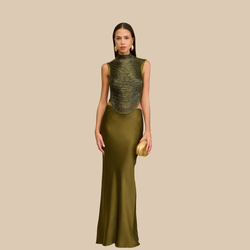 Gold and Silver Thread Tassel Satin Two-Piece Dress Set, Goddess Style Banquet Annual Meeting High-End Slim-Fit Dress Set