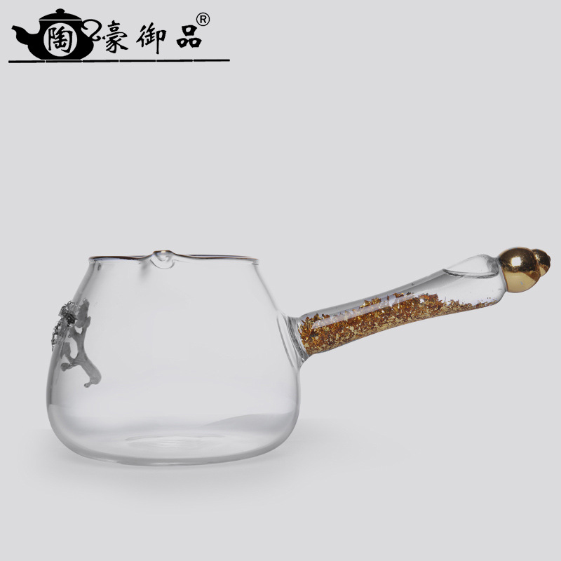 金箔镶锡玻璃侧把公杯 创意耐热玻璃手工茶具分茶器|ru