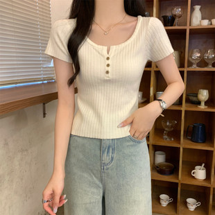 in stock Real Price Spring and Summer Korean Style Slim-fit Square Collar Button All-match Slimming Andy Velvet Knitted Short-sleeved Top