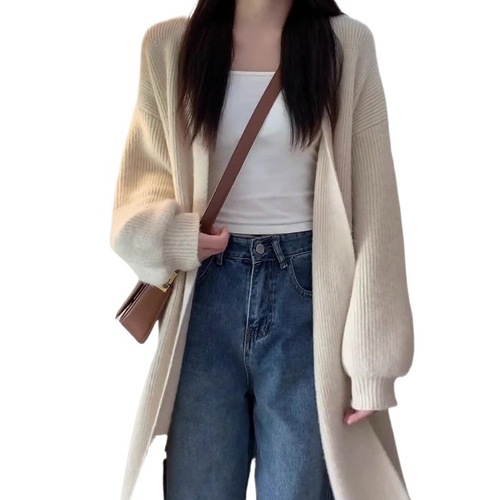 Women's Cream Color Fox Fleece Cardigan Coat Lazy Style Milk System Dressing Autumn and Winter Medium Length Knitted Cardigan