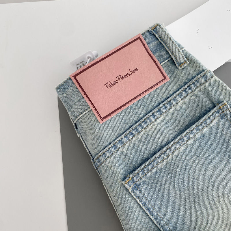 New pink leather brand jeans for women, summer and autumn, high-waisted, petite, loose and versatile, wide-leg casual straight floor-length pants pic 5