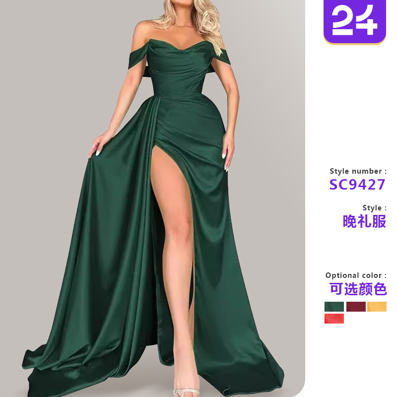 2026 Direct Sales Cross-Border Foreign Trade High-Slit Sexy Host One-Shoulder Slimming Party Evening Dress