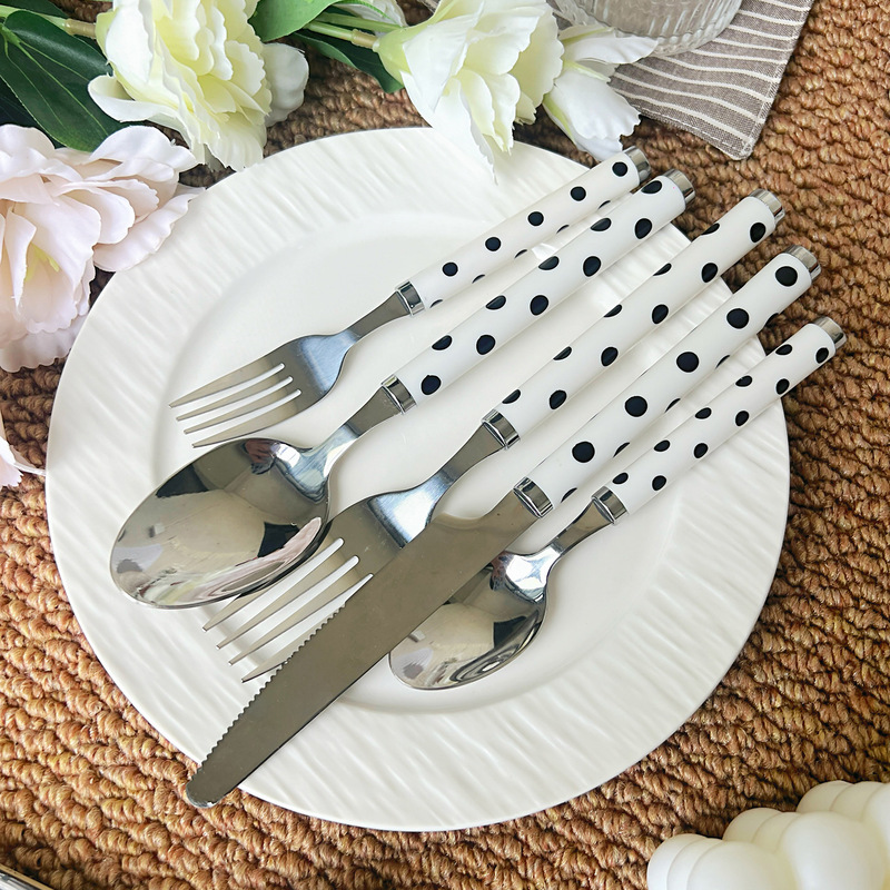 Korean Black and White Polka Dot Ins Style Stainless Steel Knife, Fork and Spoon Household Tableware Set Cake Dessert Steak Pasta Fork