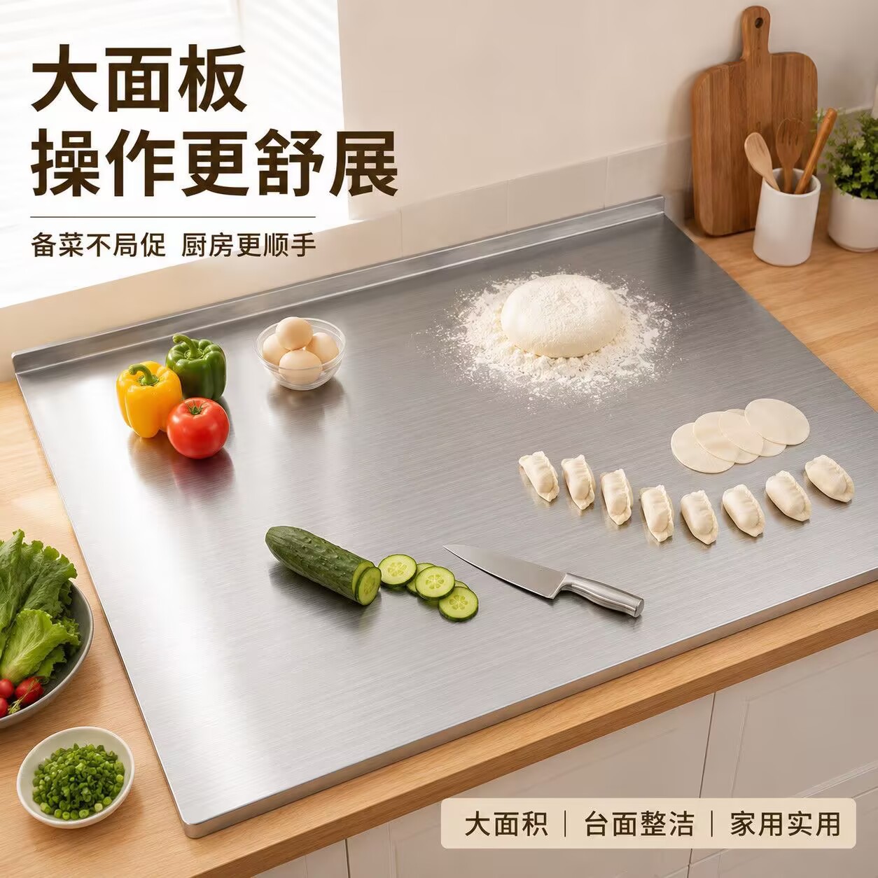 Anti-flour-spill multi-purpose cutting board for making dumplings and chopping vegetables, household 304 stainless steel with foldable edge, large kneading board L1
