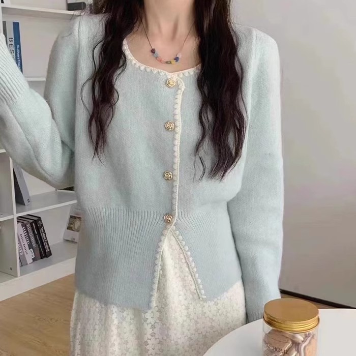 French chic elegant square collar knitted cardigan sweater coat for women autumn and winter New tight waist short Chanel style top