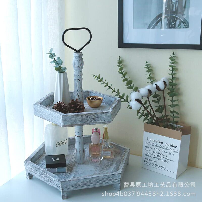 European and American Wooden Cupcake Stand Hexagonal Restaurant Satchel Double-Layer Serving Plate Christmas Aromatherapy Candlestick Tray