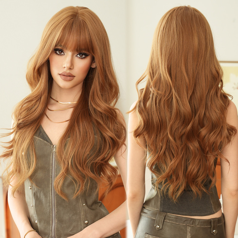 Asian Wig Female Ginger Long Curly Hair Full Headgear Export Wavy Curly Hair Daily Fluffy High Quality Wig